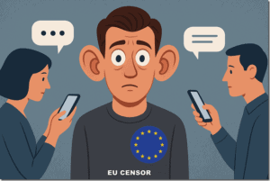 Censored man with EU logo, social media censorship, free speech issues, digital rights, government and online free expression.