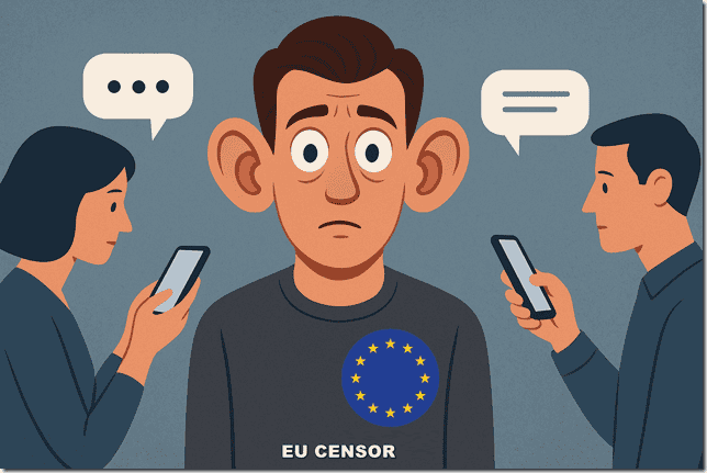 Censored man with EU logo, social media censorship, free speech issues, digital rights, government and online free expression.