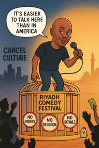 Bald man cartoon character speaking at Riyadh Comedy Festival about free speech, with signs promoting no politics, religion, or royalties, on a stage resembling a birdcage, with political symbols and audience in background.