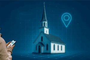 Digital church with futuristic location pin, representing technology and faith connection, on a blue digital grid background.