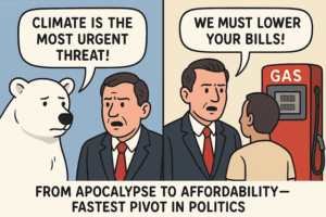 Climate change urgency and political response, advocating for reducing bills, satire on political priorities and economic impact, environmental policy, and energy conservation efforts.