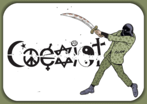 Islamic militant wielding a sword smashing the word 'Freedom' with symbols of peace and gender equality embedded in the letters, reflecting political activism and controversial views.