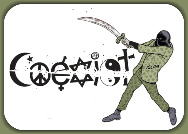 Islamic militant wielding a sword smashing the word 'Freedom' with symbols of peace and gender equality embedded in the letters, reflecting political activism and controversial views.