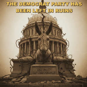 Damaged Capitol building with a donkey statue symbolizing political failure, emphasizing the decline of the Democrat Party and political commentary.
