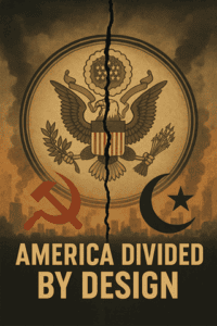 Divided America montage featuring the split eagle emblem, with communist and Islamic symbols, highlighting political and cultural division in the United States.