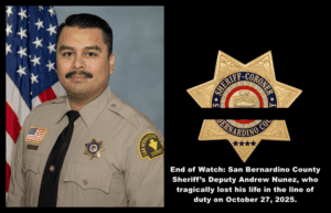 Patrol deputy Andrew Nunez of San Bernardino County Sheriff's Department in uniform, honoring fallen officer at the end of watch on October 27, 2025.