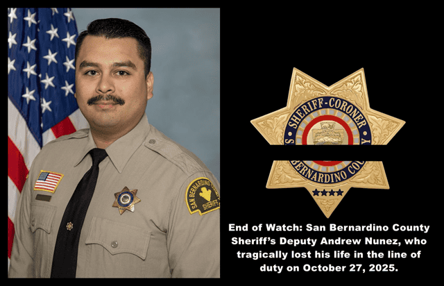 Patrol deputy Andrew Nunez of San Bernardino County Sheriff's Department in uniform, honoring fallen officer at the end of watch on October 27, 2025.