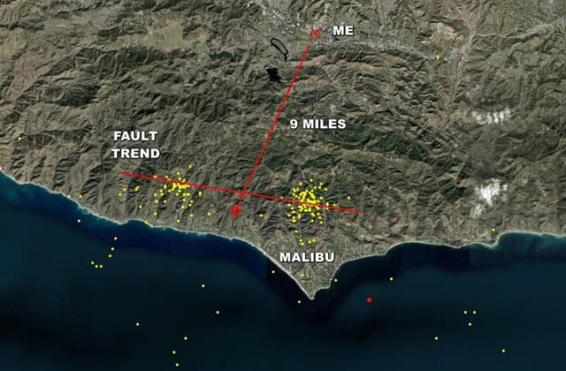 Aerial map showing fault trend and earthquake epicenter near Malibu, with a 9-mile distance line from "ME" point to the coast, highlighting seismic activity and fault lines.