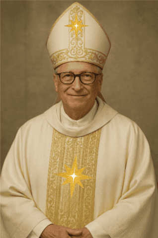 Senior Catholic bishop in ceremonial vestments, special attire for religious services, standing confidently, symbolic gold star emblem, traditional religious clothing, religious leader, church attire, clergy.