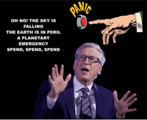 Earth emergency protest illustration with a distressed man and "Panic" button, highlighting climate crisis concerns and urgent environmental issues.