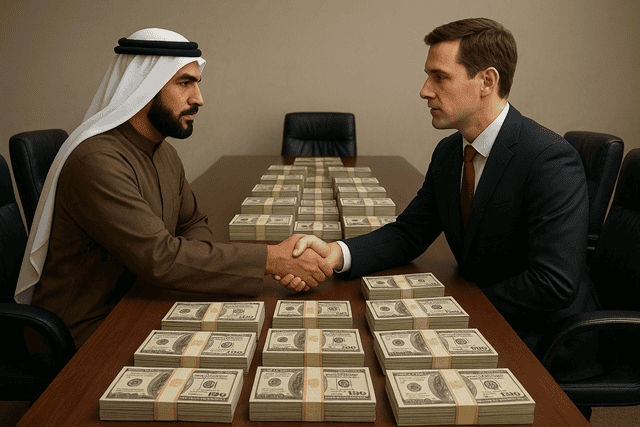Bribery negotiation between two men with stacks of money on the table, representing corruption and financial dealings, business deal, unethical practices, financial scandal, corporate corruption, high-stakes crime, money laundering, illicit transactions.