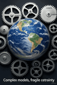 Earth surrounded by interlocking gears symbolizing global interconnectedness and complex systems, representing the intricate, fragile nature of our world and the need for informed, critical perspectives.