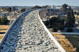 Bags of money piled on a curved highway, symbolizing financial excess or economic issues, with a cityscape in the background, representing urban economy and money management.
