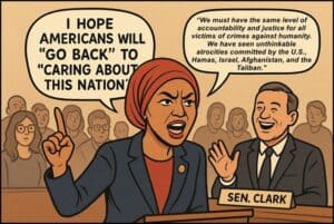 Hope Americans will go back to caring about this nation - political cartoon discussing accountability and justice for victims of global atrocities.