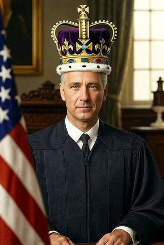 Royal judge wearing a crown, formal courtroom setting, legal authority, justice, American flag in background.