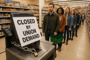 Closed by union demand protest at supermarket checkout line, illustrating union activism and labor rights issues.