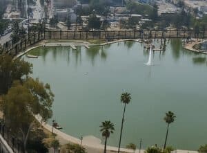 Aerial view of a man-made pond in an urban park with palm trees and a fountain, surrounded by a fence and cityscape background.