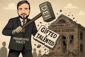 Overturned school building with "New York City Public School" sign, cartoon style depiction of political activism, representing impact on education policy and community activism in New York City.