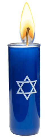 Blue candle with Star of David symbol, lit flame, symbolic Jewish remembrance, spiritual candle, faith and tradition, religious observance, ceremonial candle, Israel-themed candle, sacred Jewish ritual, cultural symbolism.