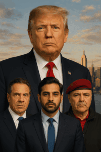 Thought-provoking image of diverse men in suits with former President Donald Trump, symbolizing political commentary and analysis on One Citizen Speaking's blog.