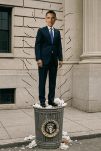 Cracked wall behind man standing on trash bin representing political instability, corruption, and crisis in the US, emphasizing the importance of citizen activism and accountability on the website One Citizen Speaking.