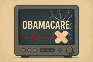 Obamacare health insurance concept with damaged TV screen displaying the word "OBAMACARE" and a band-aid, symbolizing issues or damage related to Obamacare coverage.