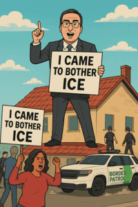 Man protesting immigration policies holding "I CAME TO BOTHER ICE" sign, border patrol vehicle, immigration demonstration, illegal immigration enforcement, political activism, immigration reform advocacy, border security measures, immigrant rights protest.