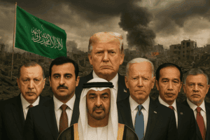 Saudi Arabia flag and Middle Eastern leaders against backdrop of destruction and smoke, emphasizing geopolitics and global conflicts.