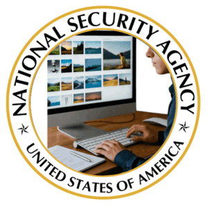 Security analyst monitoring surveillance footage on computer screen with National Security Agency (NSA) badge.