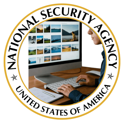 Security analyst monitoring surveillance footage on computer screen with National Security Agency (NSA) badge.
