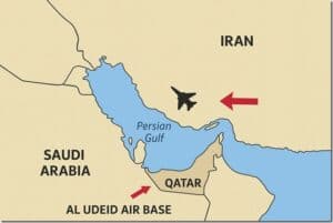 Missile route from Iran and Qatar to Saudi Arabia, showing Iran's location across the Persian Gulf and the Al Udeid Air Base in Qatar for strategic military analysis.