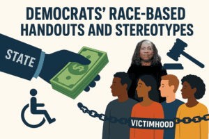 Money handout illustrating Democrats' race-based stereotypes and victimhood concepts, related to political commentary on race and policy.