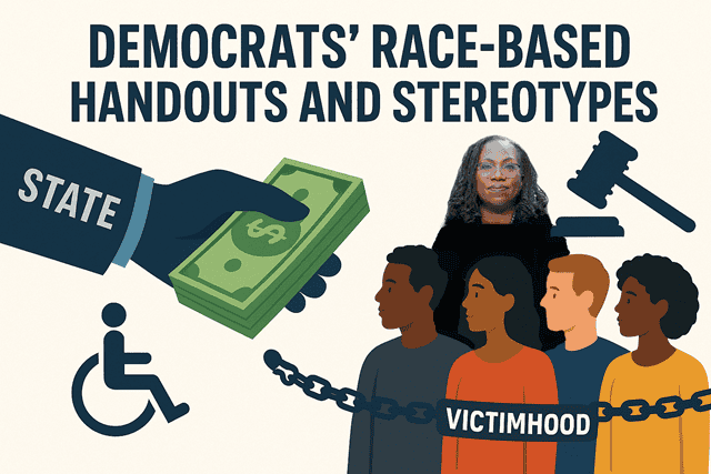 Money handout illustrating Democrats' race-based stereotypes and victimhood concepts, related to political commentary on race and policy.