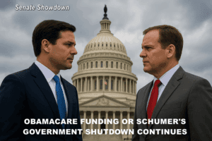 Senate showdown between two politicians criticizing Obamacare funding and government shutdown at the U.S. Capitol building.