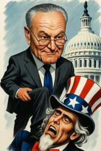 Caricature of a politician with glasses overlooking Congress building, featuring a distressed Uncle Sam cartoon in front, emphasizing political commentary and patriotic themes.