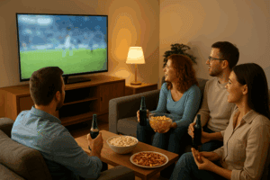 Watching football game on TV with friends in living room.