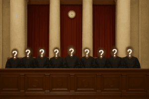 Supreme Court justices sitting in a courtroom with question marks over their faces, symbolizing legal analysis, judicial decision-making, and the importance of unbiased judiciary in the US legal system.