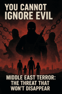 Violent masked militants with chains in a dark, ominous scene highlighting Middle East terrorism and security threats.