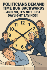 Politicians demand clock adjustments and daylight savings protests, highlighting political debates on time changes; an illustration emphasizing skepticism toward daylight saving time policies.