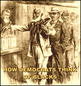 A historical black and white illustration depicting an emotionally charged scene where an African American man is being led to examine items behind a counter, with several onlookers observing; emphasizing themes of racial injustice and history.