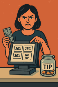 Computer monitor displaying tipping options with percentages and no tip option, held by an angry woman, next to a tip jar filled with coins, on an orange background.