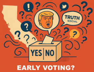 Voter ballot box illustration questioning early voting, featuring Donald Trump, social media icons, and confusion symbols; promoting political engagement and informed voting decisions.