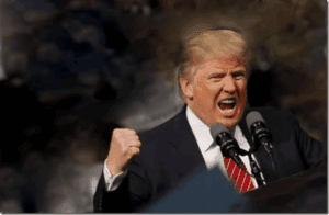 Pro-Trump rally with Donald Trump speaking passionately at a political event, emphasizing patriotism and free speech.