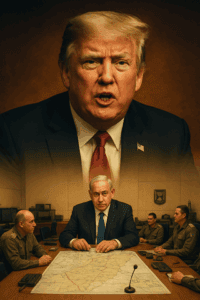 Aerial image of Donald Trump and Vladimir Putin in a serious discussion at a conference table with military personnel, highlighting political diplomacy, leadership, and international relations.