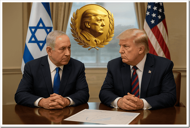 Israeli Prime Minister and U.S. President engaged in serious discussion in a formal setting with flags in the background.