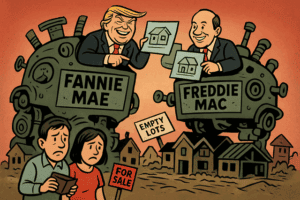 Government conspiracy cartoon with Donald Trump and Freddie Mac manipulating the housing market.
