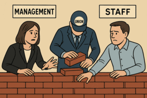 Union workers building a wall separating management and staff at a construction site.