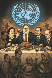 Atlas holding a globe with a United Nations emblem above a diverse group of people dining at a table, symbolizing global unity, diplomacy, and social issues.