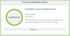 Ballot acceptance confirmation screenshot on One Citizen Speaking website, emphasizing election integrity and voting security.