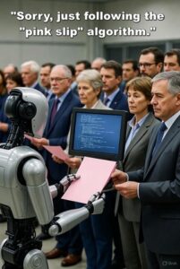 Futuristic robot interacting with a diverse group of professionals at a conference, showcasing AI technology in business and security.